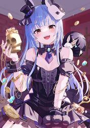  absurdres animal_ears animal_hands bare_shoulders black_collar black_dress black_hat blue_hair blue_necktie blunt_bangs blush bracelet cat_paws chains coin collar commentary detached_collar detached_sleeves don-chan_(usada_pekora) dress earrings fake_animal_ears female frilled_sleeves frills glint gloves gold_chain hand_up hat heart heart_earrings highres hololive jewelry long_hair looking_at_viewer mask mask_on_head mei_am0 mini_hat mini_top_hat necktie official_alternate_costume open_mouth rabbit-shaped_pupils rabbit_ears rabbit_mask red_eyes short_dress short_eyebrows short_sleeves sidelocks single_glove skull sleeveless sleeveless_dress smile solo symbol-shaped_pupils thick_eyebrows top_hat usada_pekora usada_pekora_(furi_furi_bunny_dress) virtual_youtuber wrist_cuffs 