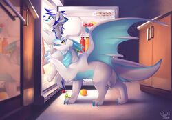  2019 absurd_res ambiguous_gender anthro appliance canid canine canis claws collaboration detailed_background digital_media_(artwork) domestic_dog dragon duo feral fridge fur furred_dragon furred_scalie hi_res inside izabella kitchen_appliance mammal membrane_(anatomy) membranous_wings mythological_creature mythological_scalie mythology open_mouth scalie smile standing tail teeth tongue white_body white_fur wings yana-r yellow_eyes 