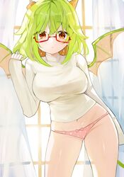  absurdres bow bow_panties breasts closed_mouth commentary_request commission contrapposto curtains dragon_girl dragon_wings female funamusea glasses green_hair haiiro_teien highres horns indoors korean_commentary large_breasts long_hair long_sleeves looking_at_viewer medium_hair navel no_pants orange_eyes panties pink_panties red-framed_eyewear semi-rimless_eyewear shirt sleeves_past_wrists solo soradally standing sweater turtleneck turtleneck_sweater under-rim_eyewear underwear variant_set white_shirt window wings yosafire_(funamusea) 