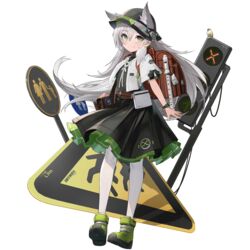  animal_ears backpack bag bird black_dress black_headwear boots dress female full_body game_cg girls&#039;_frontline girls&#039;_frontline_neural_cloud green_eyes green_footwear grey_hair hair_between_eyes hat highres instrument ksvk_(girls&#039;_frontline) long_hair looking_at_viewer official_art paintbrush pandea_work pedestrian_crossing_sign randoseru recorder road_sign short_sleeves shoulder_bag sign smile solo traffic_light transparent_background watch white_legwear wristwatch 