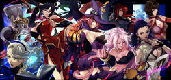  6+girls android_21 anna_williams annotated bare_shoulders black_hair black_nails black_sclera black_tube_top blazblue bob_cut breasts choker cleavage colored_sclera colored_skin commentary_request crossover curly_hair dragon_ball dragon_ball_fighterz earrings gauss_&lt;bokashi harem_pants hat highres isabella_valentine jewelry konoe_a._mercury large_breasts litchi_faye_ling long_hair looking_at_viewer luong majin_android_21 margaret_(persona) multiple_crossover multiple_girls namco pants parasoul_(skullgirls) persona persona_4 pink_skin short_hair skullgirls snk soulcalibur strapless tail tekken the_king_of_fighters the_king_of_fighters_xiv tube_top weapon whip_sword white_hair witch_hat yellow_choker 