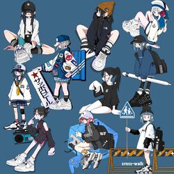  6+girls anchor_print apple_pencil aqua_shorts arms_at_sides artist_name backpack badge bag bandaid bandaid_on_cheek bandaid_on_face bandaid_on_knee bandaid_on_leg bandaid_on_nose barefoot baseball_cap beanie between_legs black_bag black_dress black_eyes black_footwear black_hair black_headwear black_pantyhose black_shirt black_sleeves black_socks black_sweater blue_background blue_hair blue_headwear blue_jacket blue_ribbon blue_sailor_collar blue_skirt blue_sweater blunt_bangs boombox breasts button_badge carhartt china_dress chinese_clothes closed_mouth clothes_writing collarbone detached_sleeves double_bun drawstring dress fila finger_to_face from_behind from_side game_console gamecube gamecube_controller grey_hair grey_hoodie grey_shorts hair_bun hair_ornament hairclip hand_between_legs hand_in_pocket hat hat_ribbon headphones highres holding holding_sign holding_stylus hood hood_down hoodie jacket japanese_flag jitome knee_pads knees_up layered_sleeves leg_tattoo lego long_hair long_sleeves looking_at_viewer looking_back looking_to_the_side low_twintails miniskirt multiple_girls musical_note_tattoo nail_polish nao97122 neckerchief nike_(company) open_mouth original oversized_clothes oversized_object oversized_shirt pantyhose patch paw_print pleated_skirt ponytail profile red_nails red_socks ribbon road_sign sailor_collar sailor_hat sailor_shirt shirt shoe_box shoes short_dress short_hair short_over_long_sleeves short_sleeves short_twintails shorts sign simple_background single_knee_pad sitting skirt sleeveless sleeveless_dress sleeves_past_elbows small_breasts smile sneakers socks standing sticker_on_face streetwear stylus sweater t-shirt tareme tattoo the_north_face thigh_strap traffic_barrier triple_vertical_stripe twintails white_footwear white_hair white_headwear white_shirt white_socks yellow_headwear yellow_neckerchief yellow_socks zipper zipper_pull_tab 