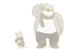  2014 ambiguous_gender anthro bear bottomwear celestine_(ernest_and_celestine) closed_eyes clothing duo ernest_(ernest_and_celestine) ernest_and_celestine flower male mammal mouse murid murine norijaga pants plant rodent scarf shirt simple_background topwear white_background 