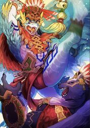  2boys animal_ears aqua_hair blonde_hair cloak closed_eyes colored_sclera fangs fangs_out feathered_wings feet_out_of_frame fingernails forked_eyebrows full_body furry furry_male fuyodo green_eyes headdress highres jaguar_boy jaguar_ears laughing leg_up loincloth long_hair male_focus multicolored_hair multiple_boys no_shirt open_mouth original pelvic_curtain scar scar_on_face sharp_fingernails smile tattoo tearing_up tears tezcatlipoca_(housamo) thick_eyebrows tokyo_afterschool_summoners tongue tribal_tattoo two-tone_hair wings yellow_sclera 