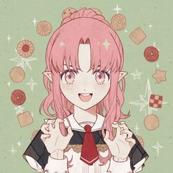  :d avatar_generator claw_pose cookie female food hands_up kazuwaya long_hair looking_at_viewer millie_chliette open_mouth picrew_(medium) pink_eyes pink_hair platinum_(o0baijin0o) pointy_ears ponytail smile solo star_ocean star_ocean_anamnesis star_ocean_first_departure 