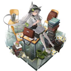  animal_ears backpack bag black_dress book book_stack boots boots_removed chair desk dress female full_body game_cg girls&#039;_frontline girls&#039;_frontline_neural_cloud green_eyes green_footwear grey_hair hair_between_eyes hat highres instrument ksvk_(girls&#039;_frontline) long_hair looking_at_viewer no_shoes on_desk palette_(object) pandea_work randoseru recorder school_chair school_desk sheet_music shoes shoes_removed short_sleeves sitting smile solo transparent_background very_long_hair white_legwear 