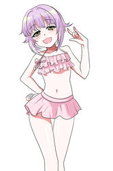  :d \m/ bare_arms bare_shoulders bikini blush commentary_request female hand_on_own_hip hand_up idolmaster idolmaster_cinderella_girls koshimizu_sachiko looking_at_viewer momoda_yasuhito navel open_mouth partial_commentary pink_bikini purple_hair sidelocks simple_background smile solo swimsuit white_background yellow_eyes 