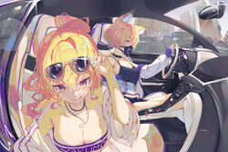  2girls :q adjusting_eyewear alternate_costume animal_ear_fluff animal_ears bare_shoulders black_choker black_shorts blonde_hair breasts car car_interior character_name choker city cleavage closed_mouth commentary_request contemporary covered_mouth driving ear_piercing earrings eyewear_on_head fox_ears fox_girl hand_on_eyewear highres jacket jewelry long_sleeves looking_at_viewer mask mont_blanca motor_vehicle mouth_mask multiple_girls necklace off_shoulder partially_unzipped piercing purple_eyes shorts sparkle spiked_choker spikes steering_wheel sunglasses tongue tongue_out touhou upper_body white_jacket yakumo_ran yakumo_yukari yellow_eyes 