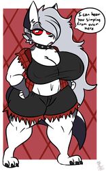  absurd_res anthro breasts canid canid_demon canine canis demon domestic_dog female hair hands_on_hips hellhound helluva_boss hi_res insult insulting_viewer kingretrokirby long_hair loona_(helluva_boss) mammal mythological_canine mythological_creature mythology red_sclera rude white_eyes wide_hips 