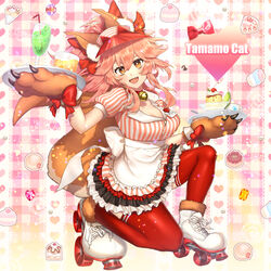  absurdres animal_ear_fluff animal_ears animal_hands apron bell bow breasts character_name chiri_214 cleavage collar cup dress drinking_glass fate/extra fate/grand_order fate_(series) female food fox_ears fox_girl fox_tail gloves hair_between_eyes hairbow highres jingle_bell kneeling large_breasts licking_lips long_hair looking_at_viewer neck_bell open_mouth paw_gloves pink_hair ponytail pudding red_bow red_thighhighs roller_skates sidelocks skates smile solo striped_clothes striped_dress tail tamamo_(fate) tamamo_cat_(fate) tamamo_cat_(lostroom_outfit)_(fate) thighhighs tongue tongue_out tray visor_cap white_apron yellow_eyes 