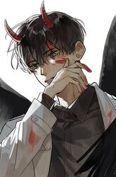  1boy black_eyes black_hair black_wings blood blood_on_clothes blood_on_face blood_on_hands hand_on_own_face horns kim_dokja kkkktzr1 looking_afar male_focus omniscient_reader&#039;s_viewpoint portrait short_hair solo spoilers white_background wings wiping_face 