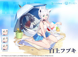  :d ahoge animal_ears azur_lane bare_arms bare_shoulders beach_mat beach_umbrella between_legs bikini bird blue_skirt breasts bucket chick choker cleavage commentary_request company_name copyright_name expressions extra_ears female fox_ears fox_girl fox_tail front-tie_bikini_top front-tie_top green_eyes halterneck hololive long_hair looking_at_viewer manjuu_(azur_lane) medium_breasts miniskirt nagishiro_mito official_alternate_costume official_art open_mouth oruyanke_(shirakami_fubuki) sand second-party_source shirakami_fubuki shirakami_fubuki_(beachside_fox) sidelocks sitting skirt smile solo swimsuit tail translated turret umbrella very_long_hair virtual_youtuber wariza watermark white_bikini white_hair 