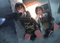  2girls ass_visible_through_thighs b&amp;t_mp9 black_hair breasts brown_eyes bullpup commentary_request cornershot day dreadtie earphones flashlight glock gloves gun hair_between_eyes handgun holding holding_gun holding_weapon indoors knee_pads kneeling locker magazine_(weapon) multiple_girls necktie neostead_2000 original pleated_skirt poster_(object) school_uniform short_hair shotgun shotgun_shell skirt submachine_gun sunlight sweater thighhighs weapon yamashina_ai yamashina_yuu 