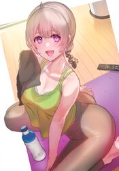  :d ass bad_id bad_pixiv_id bare_arms bare_shoulders barefoot between_legs blush bottle bra breasts brown_pants controller ev_(dai00888) exercising female from_above green_shirt grey_hair hand_between_legs highres holding holding_towel indoors large_breasts long_hair looking_at_viewer mole mole_under_mouth open_mouth original panties pants purple_eyes remote_control see-through shiny_clothes shirt sitting sleeveless sleeveless_shirt smile solo spread_legs sweat taut_clothes taut_pants thong tied_hair towel underwear wariza water_bottle wet wet_clothes wet_shirt wooden_floor yoga_pants 