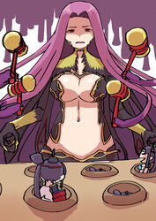  2girls armor black_hair breasts bustier claws cleavage cleavage_cutout clothing_cutout commentary_request detached_sleeves fate/grand_order fate_(series) gorgon_(fate) japanese_armor large_breasts long_hair looking_at_another medusa_(fate) monster_girl multiple_girls navel nyantiu open_mouth purple_hair revealing_clothes scales shaded_face side_ponytail slit_pupils snake snake_hair stomach ushiwakamaru_(fate) very_long_hair whac-a-mole 