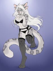  2020 3:4 4_toes 5_fingers ajna anthro blue_eyes bra breasts charr cleavage clothed clothing digital_media_(artwork) eyebrows eyelashes fangs feet felid female fingers fishnet_clothing fishnet_legwear fur furmessiah_(character) garter_belt garter_straps grey_body grey_fur guild_wars hi_res hybrid legwear leopard lidded_eyes lingerie mammal markings midriff multi_ear navel pantherine panties solo spots spotted_body spotted_fur teeth toes underwear 