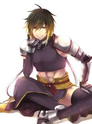  1boy albel_nox armor brown_hair crop_top gloves looking_at_viewer male_focus midriff morino_mizu multicolored_hair muscular muscular_male red_eyes shoulder_armor simple_background smile solo star_ocean star_ocean_anamnesis star_ocean_till_the_end_of_time thighhighs white_background 