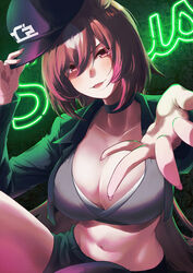  animal_ears black_choker black_hat black_jacket black_shorts black_thighhighs boc&#039;z_(umamusume) breasts brown_hair choker cleavage collarbone commentary_request crop_top cropped_jacket female grey_shirt groin hair_between_eyes hand_up hat highres holding holding_clothes holding_hat horse_ears horse_girl jacket kitsune_yuki large_breasts long_hair long_sleeves looking_at_viewer midriff multicolored_hair navel open_clothes open_jacket parted_lips reaching reaching_towards_viewer red_eyes shirt short_shorts shorts sidelocks single_thighhigh sirius_symboli_(umamusume) sitting smile solo streaked_hair thighhighs umamusume unworn_hat unworn_headwear white_hair 