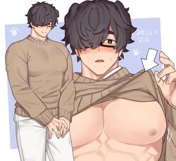  1boy animal_ears arrow_(symbol) bara bouncing_pecs brown_sweater clothes_lift dog_ears ears_down glasses hair_over_one_eye highres large_pectorals lifting_own_clothes looking_at_viewer male_focus motion_lines muscular muscular_male original own_hands_together pectoral_focus pectorals rio_mukiniki shirt_lift short_hair shy solo sweatdrop sweater thick_eyebrows 