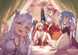  4girls ahoge animal_ears arm_support bare_legs blonde_hair blue_hair breasts cleavage ear_piercing elf fangs fox_ears fox_girl green_eyes grey_eyes grey_hair hair_between_eyes head_hold head_tilt heart heart_ahoge hololive indoors large_breasts leaning_back lion_ears lion_girl long_hair looking_at_viewer lying momosuzu_nene momosuzu_nene_(casual) multiple_girls nepolabo official_alternate_costume omaru_polka omaru_polka_(street_casual) on_bed on_stomach open_mouth ouka_(ra-raradan) piercing pointy_ears purple_eyes shishiro_botan shishiro_botan_(button-down) sitting smile two_side_up virtual_youtuber yellow_eyes yukihana_lamy yukihana_lamy_(casual) 