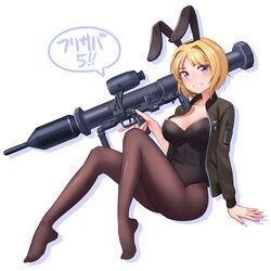  black_corset blonde_hair blue_eyes bomber_jacket breasts corset ellen_aice female green_jacket highres holding holding_rocket_launcher holding_weapon jacket kzm_(sub-moa_works) muv-luv muv-luv_unlimited:_the_day_after pantyhose panzerfaust_3 playboy_bunny rocket_launcher shadow short_hair smile solo speech_bubble weapon white_background 