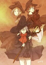  3girls brown_hair closed_eyes commentary_request grey_hair hat kingfrogs maoyuu_maou_yuusha multiple_girls onna_mahoutsukai_(maoyuu) purple_eyes scarf simple_background staff witch witch_hat 