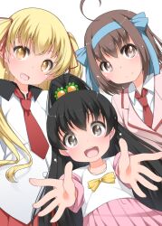  3girls black_eyes black_hair blonde_hair brown_eyes brown_hair commentary_request highres long_hair multiple_girls papa_no_iu_koto_wo_kikinasai! photoshop_(medium) ponytail school_uniform short_hair shouji_ayumu siblings sisters takanashi_hina takanashi_miu takanashi_sora twintails 