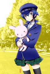  bad_id bad_pixiv_id black_eyes blue_hair cabbie_hat female hat machinosuke persona persona_4 shirogane_naoto short_hair skirt smile solo stuffed_animal stuffed_rabbit stuffed_toy thighhighs 