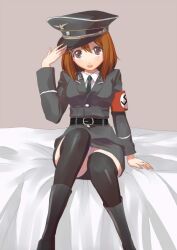  arm_support armband belt brown_eyes brown_hair commentary_request female hat hirasawa_yui k-on! military military_uniform mugitarou nazi panties pantyshot peaked_cap short_hair sitting skirt ss_uniform swastika thighhighs underwear uniform 