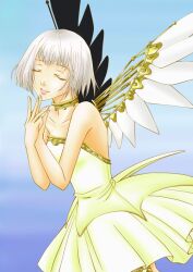  blue_background bob_cut choker closed_eyes clover_(manga) commentary_request female hands lips makoto.t mechanical_wings parted_lips photoshop_(medium) silver_hair solo wings 