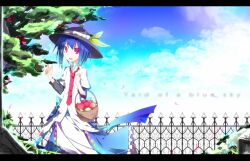  basket blue_hair commentary_request female food fruit hat hinanawi_tenshi ichiyan leaf letterboxed open_mouth peach red_eyes short_hair solo touhou 