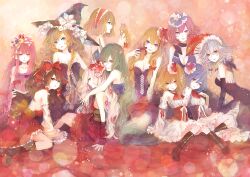  6+girls adapted_costume alice_margatroid alternate_costume bare_shoulders blonde_hair blue_eyes bonnou-s-rice book boots bow braid breasts brown_eyes brown_hair cleavage commentary_request detached_sleeves ex-keine flandre_scarlet folding_fan fujiwara_no_mokou green_hair hairband hairbow hakurei_reimu hand_fan hat horns izayoi_sakuya kamishirasawa_keine kirisame_marisa long_hair maid_headdress medium_breasts multiple_girls one_eye_closed patchouli_knowledge pink_hair profile purple_eyes purple_hair red_eyes remilia_scarlet saigyouji_yuyuko shanghai_doll short_hair single_braid small_breasts smile tail touhou twin_braids white_hair witch_hat yakumo_yukari 