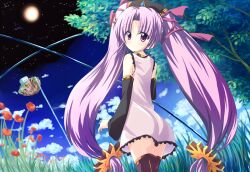  ass bad_id bad_pixiv_id big_hair black_thighhighs blue_sky cloud cloudy_sky day day_and_night detached_sleeves dress eiyuu_densetsu female floating_island flower francis_de_lariatte from_behind grass hair_ribbon long_hair looking_at_viewer looking_back low-tied_long_hair moon nayuta_no_kiseki night night_sky noi_(eiyuu_densetsu) pink_hair purple_eyes purple_hair red_flower ribbon short_dress sky sleeveless sleeveless_dress thighhighs tree twintails very_long_hair water waterfall zettai_ryouiki 