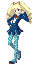  absurdres blonde_hair brown_eyes capcom drill_hair female highres long_hair pantyhose rockman ryuusei_no_rockman shirogane_luna simple_background socks solo striped striped_legwear striped_socks 