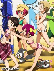  4girls accel_world awa bikini blonde_hair blush brown_hair character_request crossover cyan_pile emolga frillish green_eyes hoshizora_miyuki langley_(pokemon) leavanny multiple_girls okonogi_momoe open_mouth oshawott pink_hair pokemon precure seiyuu_connection short_hair smile smile_precure swimsuit tasogare_otome_x_amnesia 