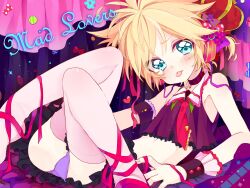  1boy aqua_eyes bad_id bad_pixiv_id blonde_hair crossdressing highres jewelry kagamine_len male_focus midriff necklace otoko_no_ko photoshop_(medium) short_hair skirt solo thighhighs tongue touyama_soboro vocaloid wrist_cuffs 