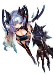  :3 animal_ears bare_shoulders black_thighhighs blue_eyes blue_hair boots breasts cat_ears claw_(weapon) cleavage cleavage_cutout clothing_cutout commentary copyright_request dress female garter_straps large_breasts photoshop_(medium) pump_(pumpqmuq) short_hair simple_background solo thigh_boots thighhighs weapon white_background 