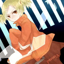  bleach blonde_hair female female lowres orange_eyes sarugaki_hiyori short_hair short_twintails sitting solo twintails xxxmax 