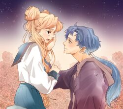  1boy arm_grab bad_id bad_pixiv_id bishoujo_senshi_sailor_moon bishoujo_senshi_sailor_moon_stars blonde_hair blue_hair blue_sailor_collar casual chamyymahc double_bun eye_contact female flower hair_bun hand_on_another&#039;s_cheek hand_on_another&#039;s_face juuban_high_school_uniform long_hair looking_at_another photoshop_(medium) pleated_skirt ponytail rose sad sailor_collar school_uniform seiya_kou serafuku skirt sky star_(sky) starry_sky tears tsukino_usagi 