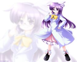  :3 adjusting_eyewear asakura_rikako blush bow commentary_request dress female glasses hair_ribbon hand_on_own_hip lab_coat long_hair photoshop_(medium) purple_eyes purple_hair ribbon shoes smile solo standing touhou touhou_(pc-98) tsubasa_(abchipika) zoom_layer 