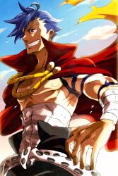  1boy abitu bandages belt blue_hair cape commentary_request grin kamina_(ttgl) male_focus midriff_sarashi muscular red_eyes sarashi smile solo tattoo tengen_toppa_gurren_lagann topless_male 