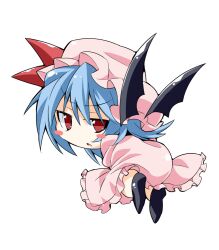  bibi02 blue_hair blush blush_stickers chibi commentary_request detached_wings dress female hat hat_ribbon looking_back red_eyes remilia_scarlet ribbon short_hair solo touhou white_background wings 