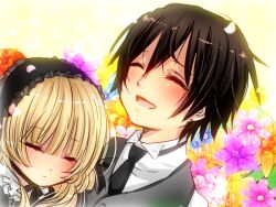  1boy backlighting blonde_hair blush brown_hair chin_strap closed_eyes commentary_request female flower formal gosick hairband harugamitsu kujou_kazuya laughing necktie petals smile vest victorica_de_blois 