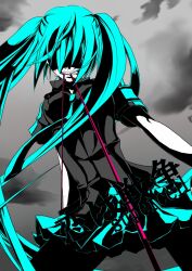  biting commentary_request female green_hair hatsune_miku highres koi_wa_sensou_(vocaloid) long_hair miniskirt mouth_hold necktie oreshikiwww shaded_face skirt solo supercell_(band) very_long_hair vocaloid 