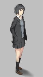  amagami black_jacket black_socks blazer commentary_request female grey_background hand_in_pocket jacket kibito_high_school_uniform korosuke1 loafers long_sleeves nanasaki_ai photoshop_(medium) pleated_skirt school_uniform shoes skirt socks solo standing 