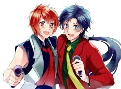  2boys :d bad_id bad_pixiv_id bishoujo_senshi_sailor_moon bishoujo_senshi_sailor_moon_stars black_hair blue_eyes blush crossover formal happy ittoki_otoya jacket kurabayashi long_hair male_focus microphone multiple_boys necktie open_mouth orange_eyes orange_hair ponytail seiya_kou sleeveless smile uta_no_prince-sama white_background 