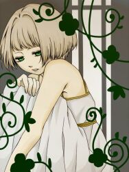  bare_shoulders blunt_bangs bob_cut clover_(manga) commentary_request dress female hiro_satochi jitome jpeg_artifacts parted_lips plant short_hair sitting solo suu_(clover) vines white_dress white_hair 