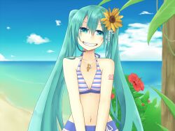  beach bikini cloud commentary_request day female flower grin hair_flower hair_ornament hatsune_miku hibiscus long_hair looking_at_viewer outdoors shari sky smile solo striped sunflower swimsuit twintails v_arms very_long_hair vocaloid water 