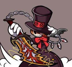  blades_of_chaos chain_blades chains cigar commentary_request female gloves god_of_war grin hat hat_over_one_eye mechanical_arms mira_shamaliyy one_eye_covered orange_hair parody peacock_(skullgirls) red_eyes ribbon sharp_teeth skullgirls smile smoking solo sword teeth top_hat weapon 