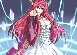  breasts cleavage clenched_hand commentary_request dress eihou_(syou1022) female horns large_breasts long_hair looking_at_viewer maou_(maoyuu) maoyuu_maou_yuusha parody pointing red_eyes red_hair solo 